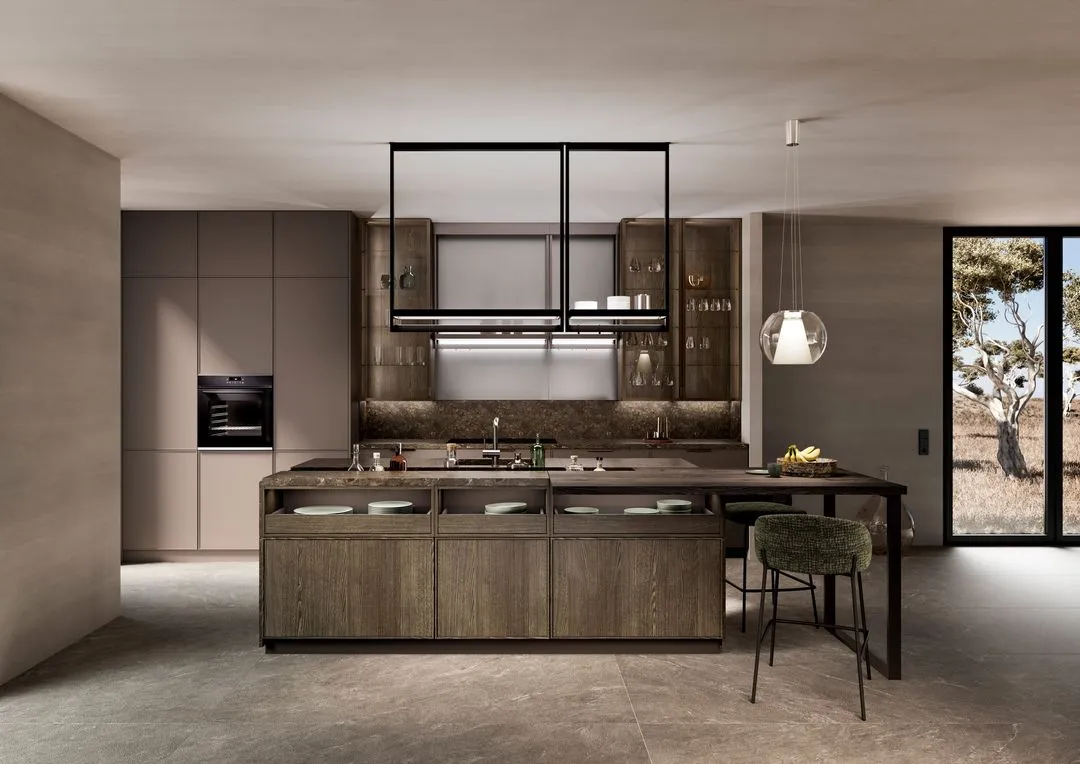 Leicht framed kitchen in a pale finish with a timber breakfast bar