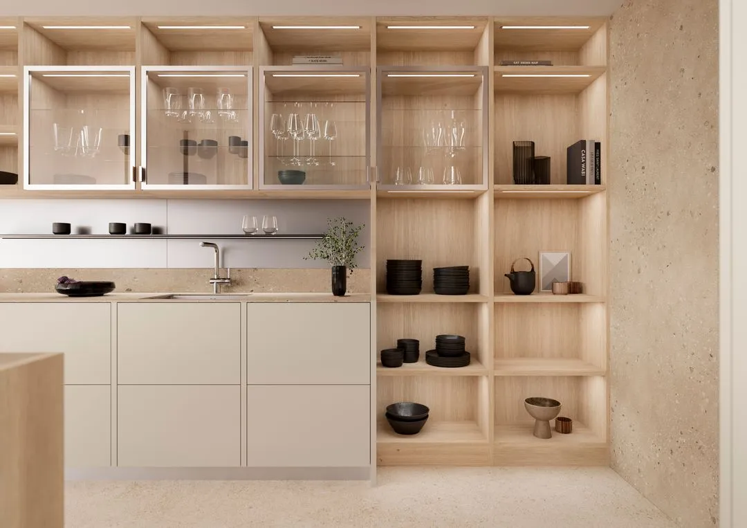 Leicht handleless kitchen with a dark island and warm timber tall units