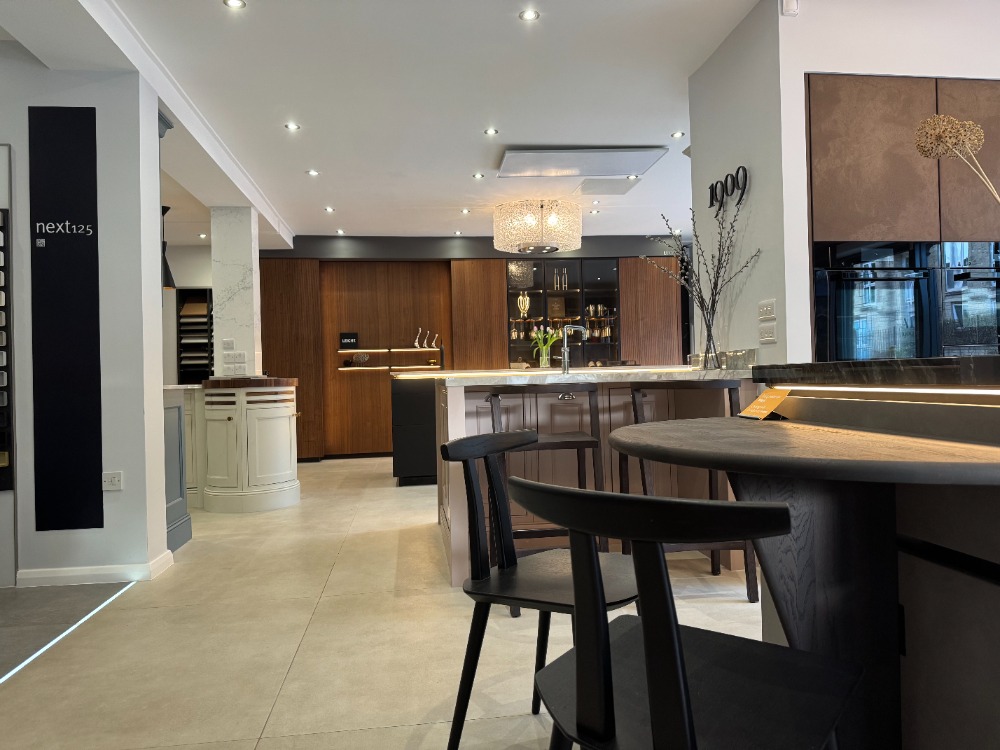 Bespoke kitchen display with island in the Saddleworth showroom