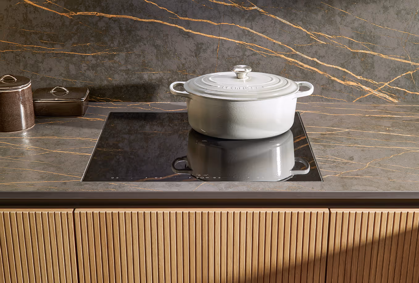 Show-home kitchen hob and worktop
